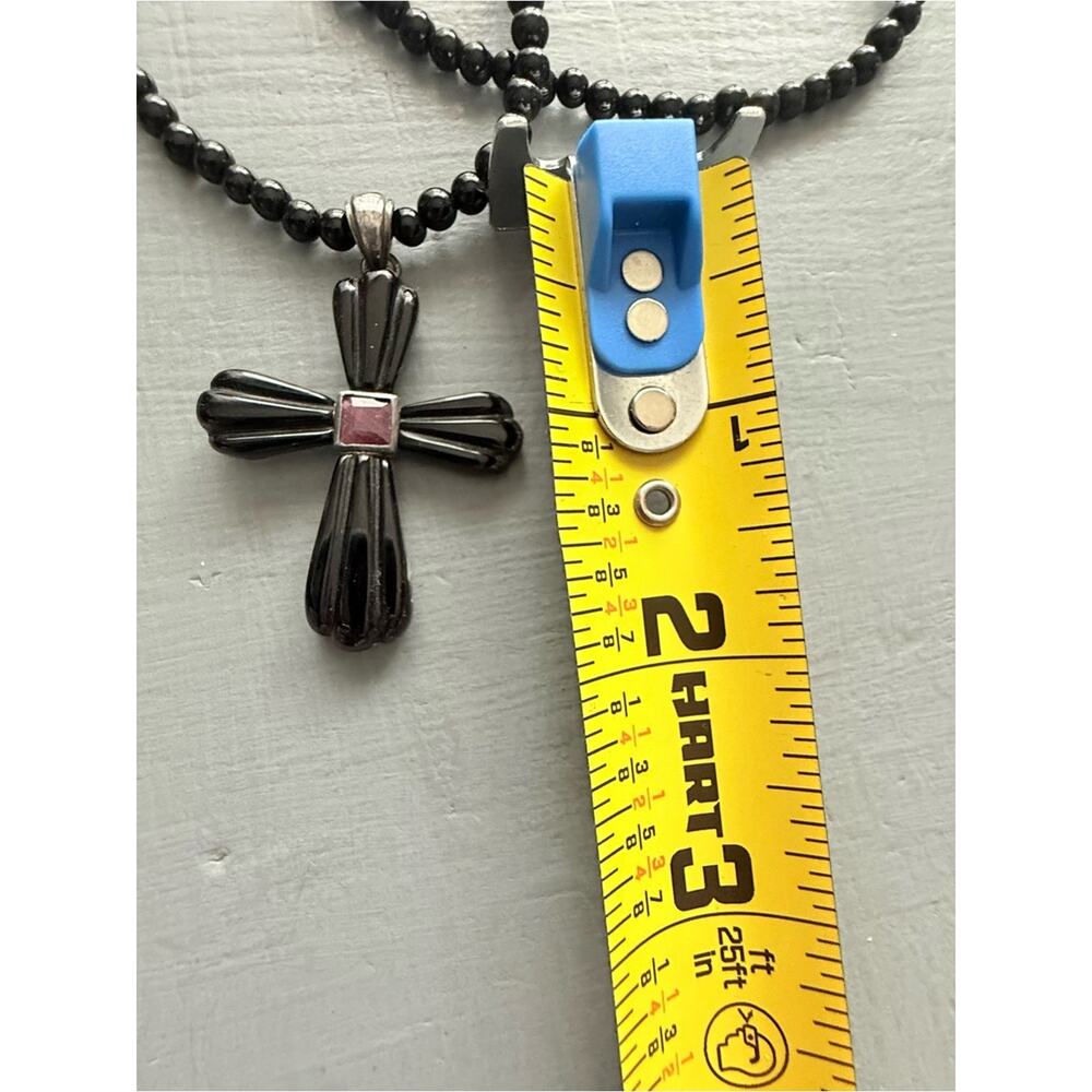 925 Sterling Silver Black Beaded Cross Necklace - Picture 4 of 9